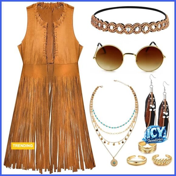 Other - Faux Suede Fringe Vest Hippie Costume Set with Accessories